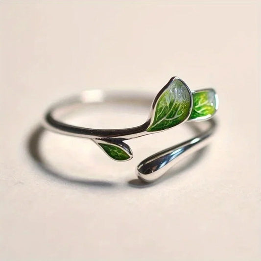 Bague ajustable en forme de feuille émaillée plaquée en argent sterling 925