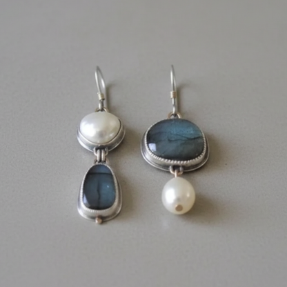 Boucles d'Oreilles Vintage en Pierre Bleue et Perles