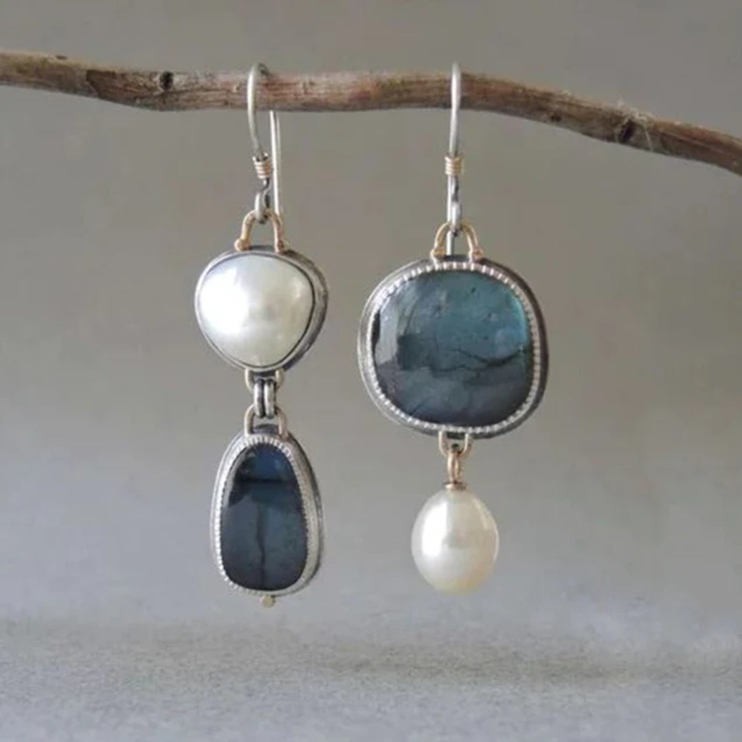 Boucles d'Oreilles Vintage en Pierre Bleue et Perles