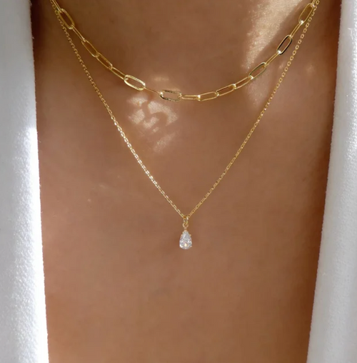 Collier double en plaqué or 18 carats avec chaîne et strass
