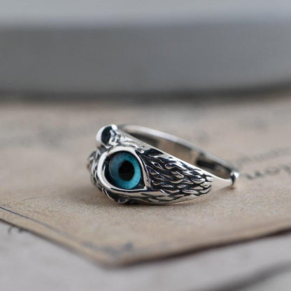 Bague Chouette Porte-Bonheur Ajustable en Argent et Opale