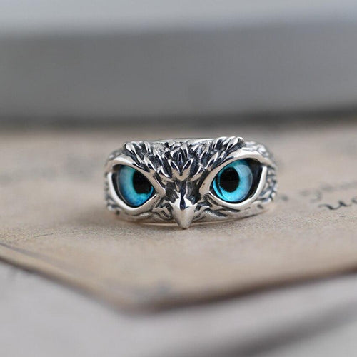 Bague Chouette Porte-Bonheur Ajustable en Argent et Opale