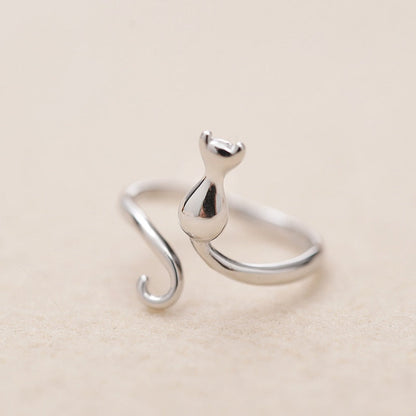 Bague en argent 925 en forme de chat - Taille ajustable