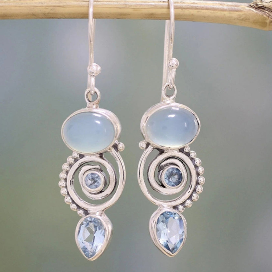 Boucles d'oreilles vintage en argent ornées de pierre de lune