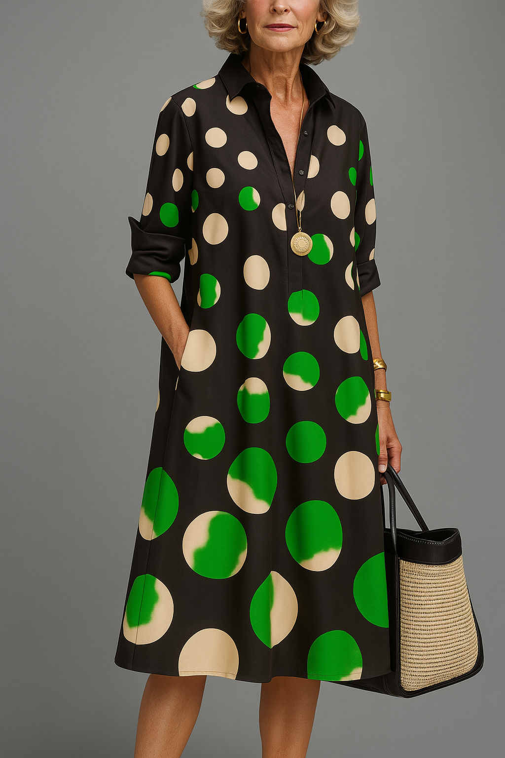 AGNÈS | Vestido camisero midi de lunares — verde, crudo y negro