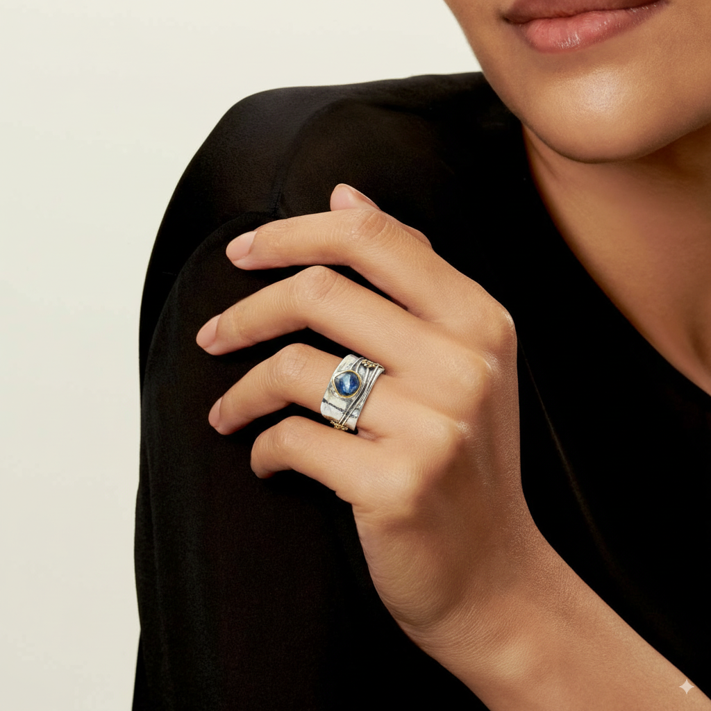 Moderne  Bague vintage en argent avec cristal bleu