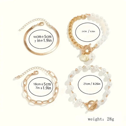 Ensemble de bracelets chic en or 4 pièces – Serpent, perles et maillons