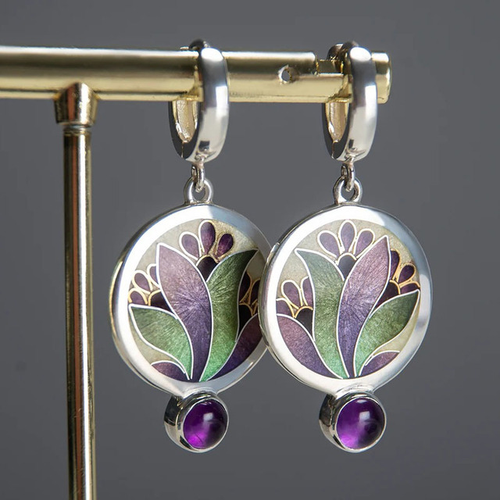 Boucles d’Oreilles Boho en Argent Ornées de Cristaux Violets