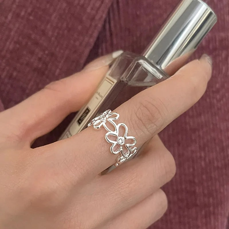 Bague vintage réglable en argent 925 avec fleur
