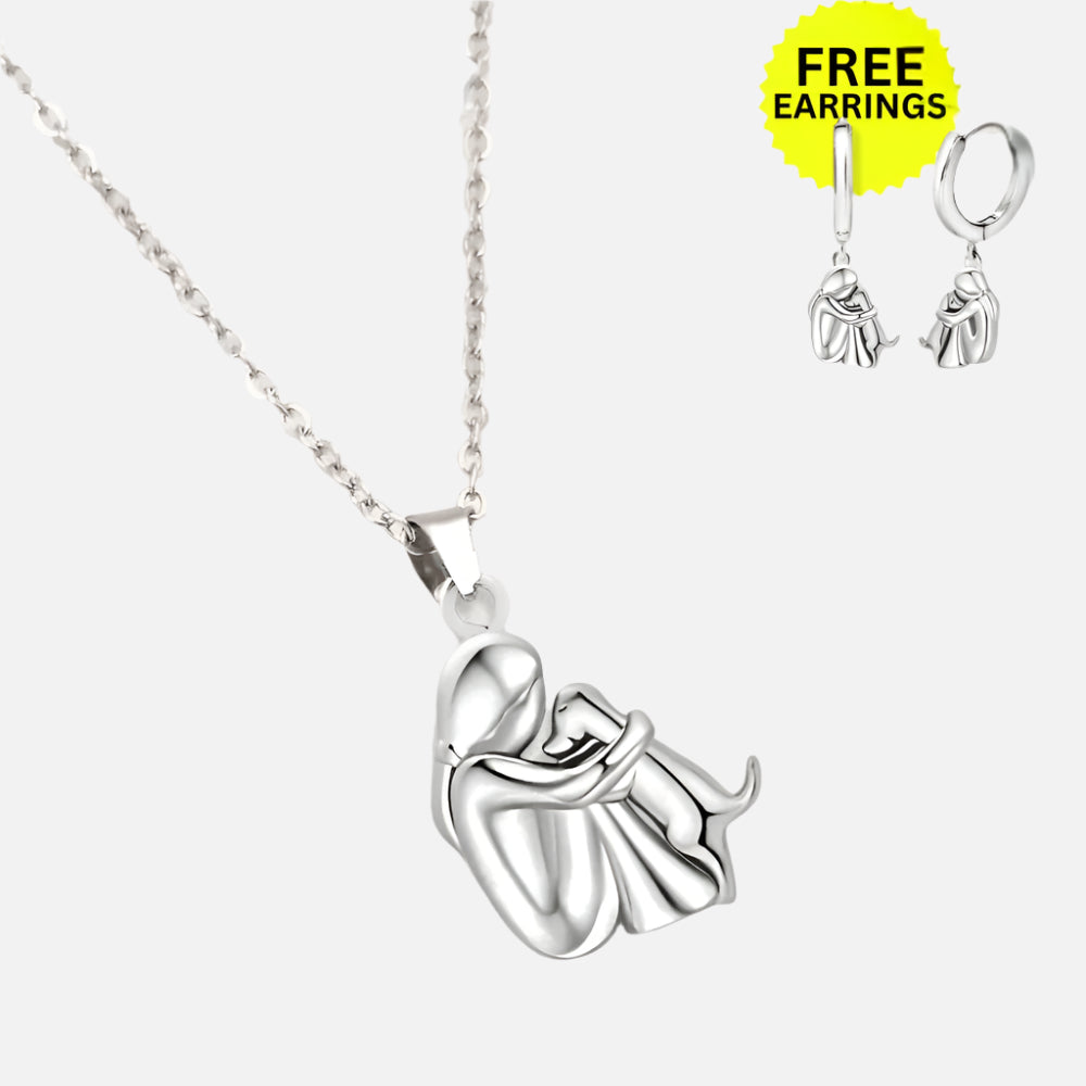 Collier avec pendentif en forme de câlin et boucles d'oreilles en cadeau